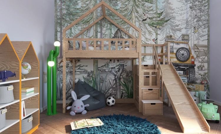 łóżko domek Sunny Peak na antresoli ze zjeżdżalnią, z miejscem do zabawy pod spodem i opcją ścianki wspinaczkowej
