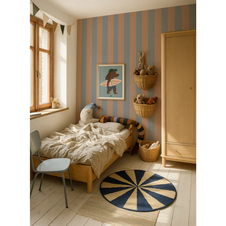 tapeta Stripes Blue Beige w pasy niebiesko-beżowe, pastelowa dekoracja ścienna do pokoju dziecka,tapeta pastelowa w pasy cappuccino i zgaszony niebieski, model Stripes Blue Beige