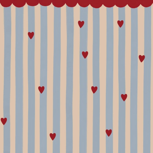 tapeta French Hearts Stripes w błękitne pasy z czerwonymi serduszkami, do pokoju dziewczynki