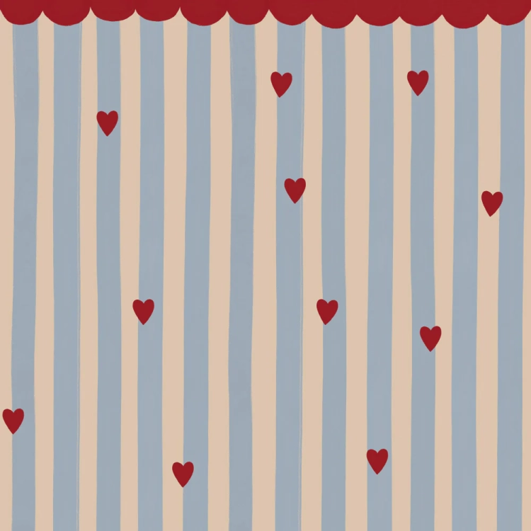 tapeta French Hearts Stripes w błękitne pasy z czerwonymi serduszkami, do pokoju dziewczynki