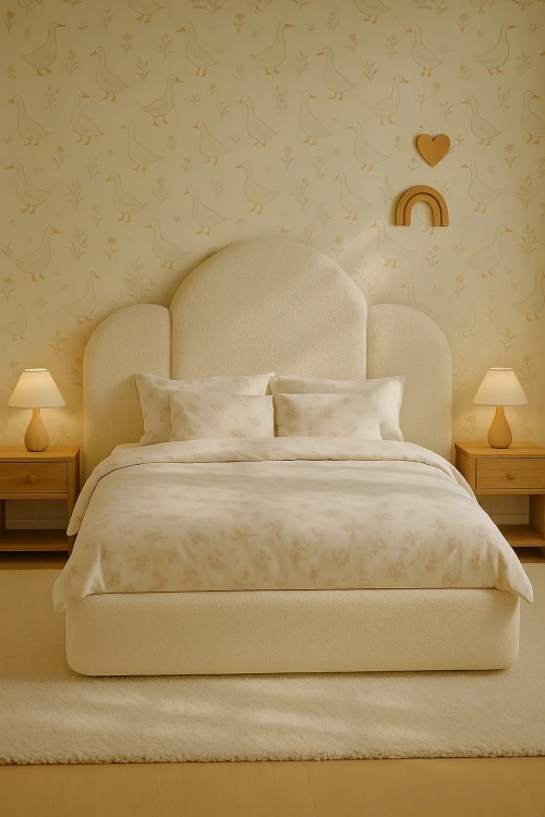 Łóżko tapicerowane beżowe bukla, miękka tkanina misiaczkowa, eleganckie łóżko dla dziewczynki i nastolatki, dostępne w rozmiarach 90x200, 100x200, 120x200, 140x200