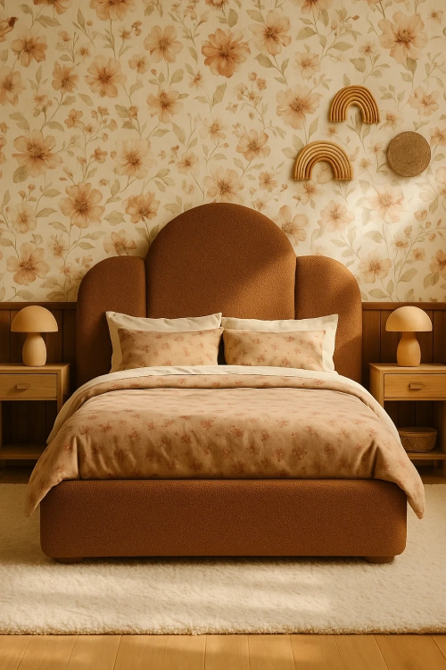 Brązowe, czekoladowe łóżko tapicerowane bukla, tkanina misiaczkowa bucle, łóżko dla nastolatka i dziewczynki, elegancki zagłówek, rozmiary 90x200, 100x200, 120x200, 140x200