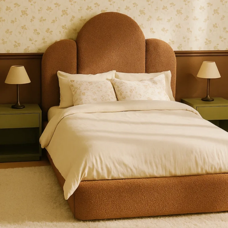 Brązowe łóżko tapicerowane bukla, tkanina misiaczkowa bucle, łóżko dla nastolatka i dziewczynki, elegancki zagłówek, rozmiary 90x200, 100x200, 120x200, 140x200