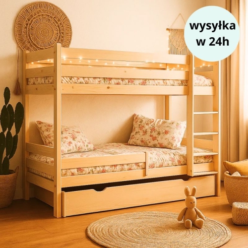 łóżko piętrowe wąskie 80x190cm drewniane w stylu boho