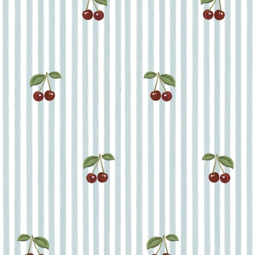 Tapeta biało-niebieska w paski z wisienkami, ekologiczna, 280x50 cm, delikatny wzór retro, idealna do pokoju dziewczynki, chłopca lub rodzeństwa.