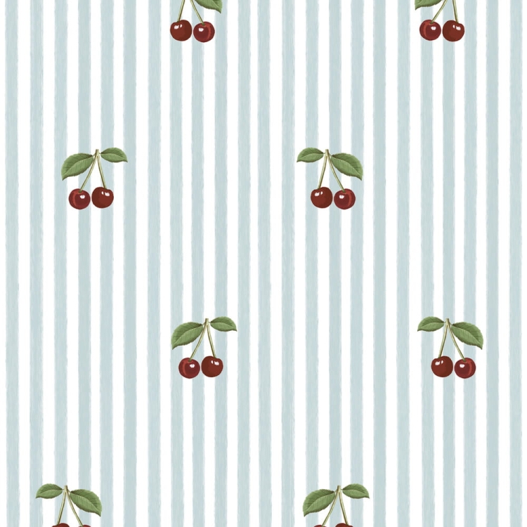 Tapeta biało-niebieska w paski z wisienkami, ekologiczna, 280x50 cm, delikatny wzór retro, idealna do pokoju dziewczynki, chłopca lub rodzeństwa.