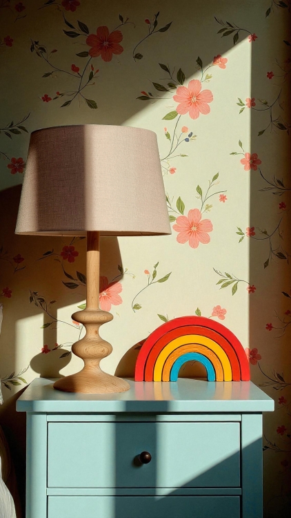 aranżacja: lampa stojąca na komodzie, klosz pudrowy róż, drewniana podstawa bukowa, styl vintage do pokoju dziecka
