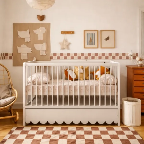 łóżeczko Senso kaszmirowe 120×60 z szufladą i falbanką, styl retro, trzy wyjmowane szczebelki