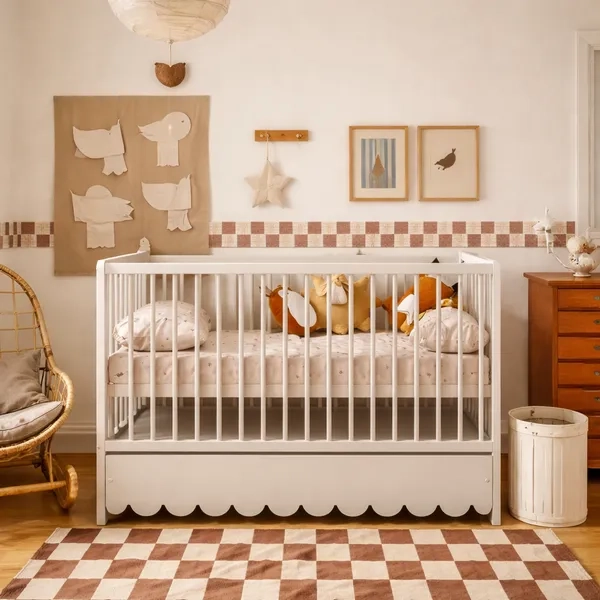 łóżeczko Senso kaszmirowe 120×60 z szufladą i falbanką, styl retro, trzy wyjmowane szczebelki