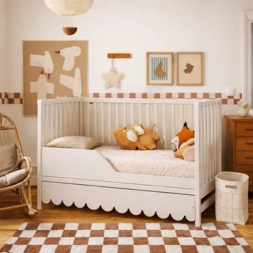 łóżeczko retro niemowlęce 120×60 z regulacją dna, barierka tapczanik jako opcja, kolor kaszmir beżowo-szary