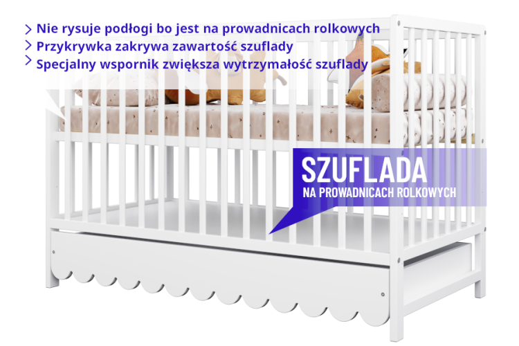 łóżeczko Senso kaszmirowe 120×60 z szufladą i falbanką, styl retro, trzy wyjmowane szczebelki