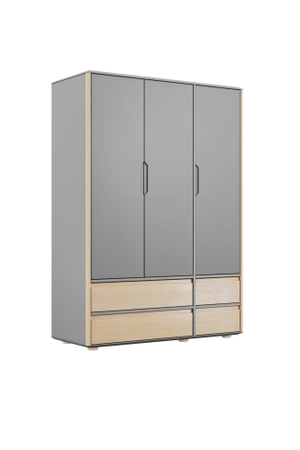szafa trzydrzwiowa szara Funflex 3D4S Inmondo, brzoza i MDF, cztery szuflady z cichym domykiem, styl skandynawski