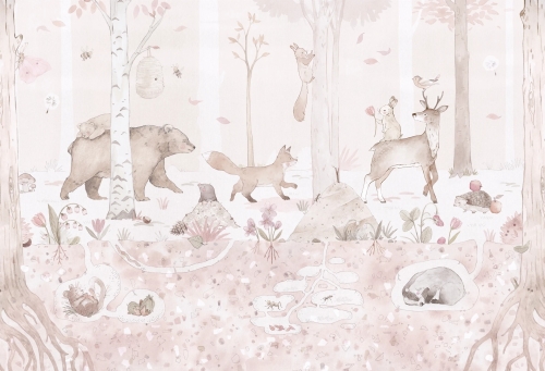 tapeta MINI ZOO – rose z pochodem zwierzątek w lesie