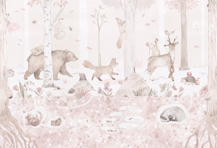tapeta MINI ZOO – rose z pochodem zwierzątek w lesie