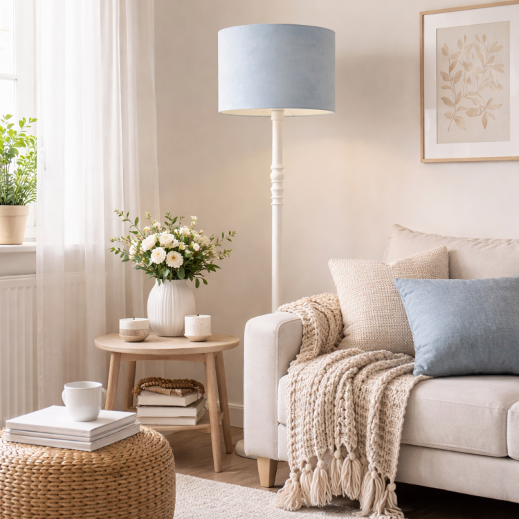 lampa z błękitnym kloszem podłogowa do salonu