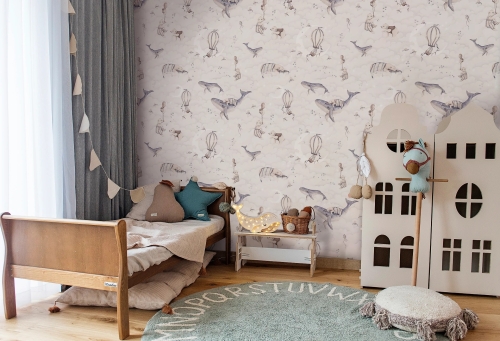 Tapeta DREAMY OCEAN z misiami i wielorybami na tle chmur, błękitna