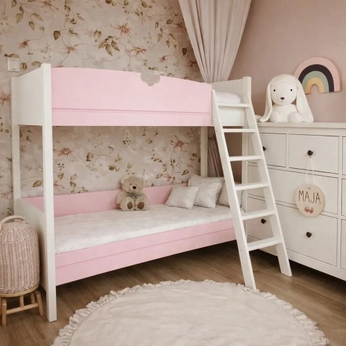 łóżko piętrowe biało-różowe dla dziewczynki, w stylu hamptons, frezowane, Bibi