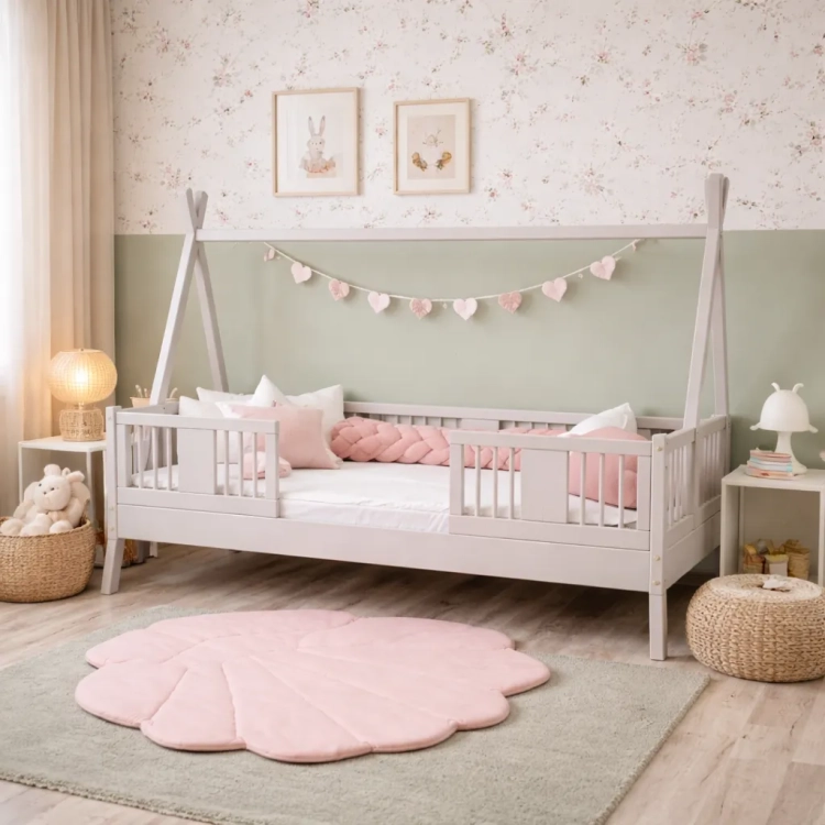 beżowe łóżko tipi kaszmir do pokoju dziewczynki w stylu boho