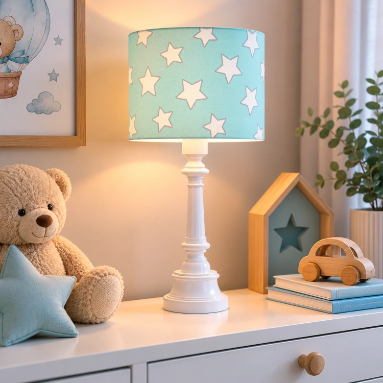 piękna lampka na komodę turkusowa w gwiazdki