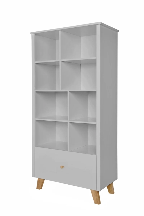 nowoczesna biblioteczka do pokoju dziecka w kolorze szarym