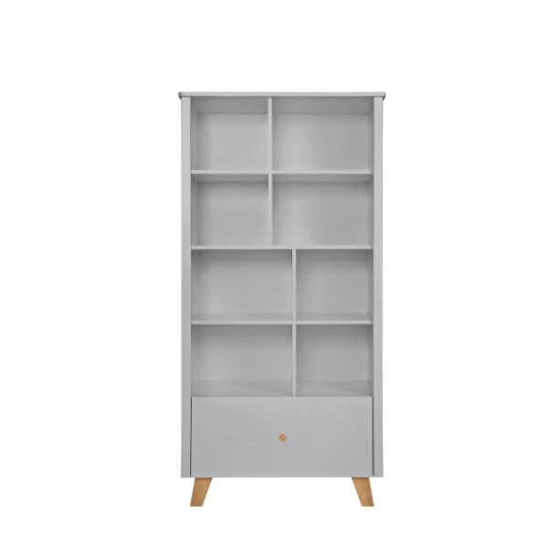 nowoczesna biblioteczka do pokoju dziecka w kolorze szarym