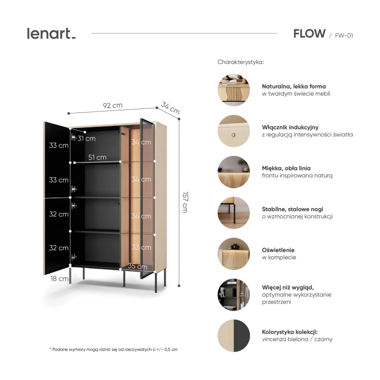 Witryna FLOW FW-01 Lenart w kolorze dąb Vincenza bielona i czarnym – wymiary i cechy produktu