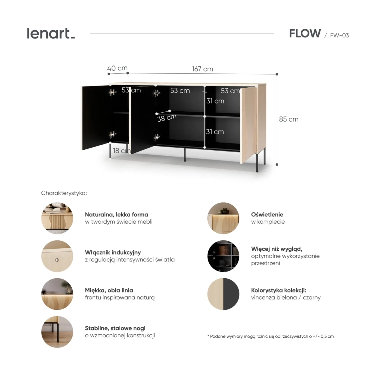 Komoda FLOW FW-03 Lenart w kolorze dąb Vincenza bielona i czarnym – wymiary i cechy produktu