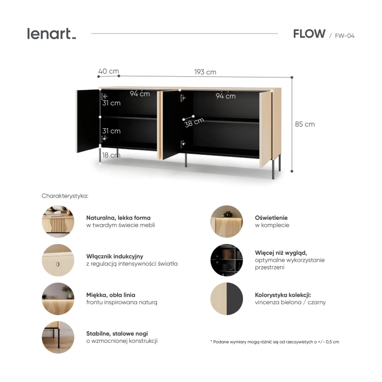 Komoda FLOW FW-04 Lenart w kolorze dąb Vincenza bielona i czarnym – wymiary i cechy produktu