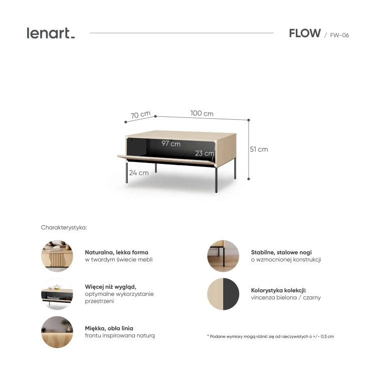 Stolik kawowy FLOW FW-06 Lenart w kolorze dąb Vincenza bielona i czarnym – wymiary i cechy produktu