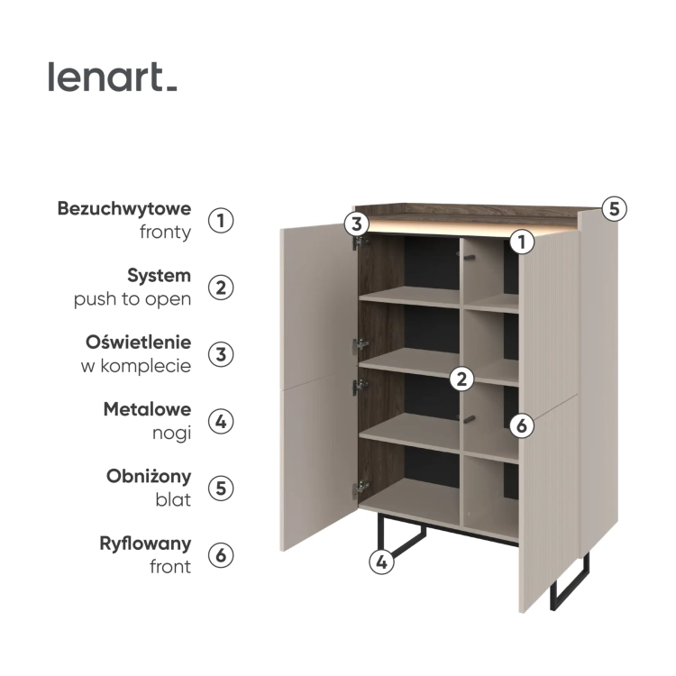 Komoda wysoka LAGO LG-01 98 cm 4-drzwiowa z LED – wnętrze i detale – Lenart