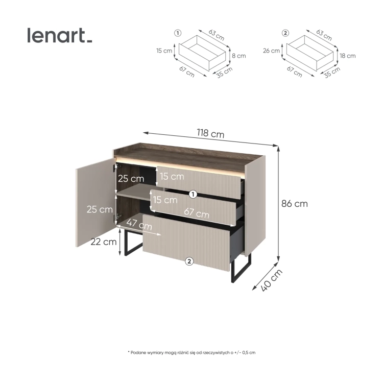 Komoda LAGO LG-02 118 cm z 3 szufladami i LED – wymiary – Lenart