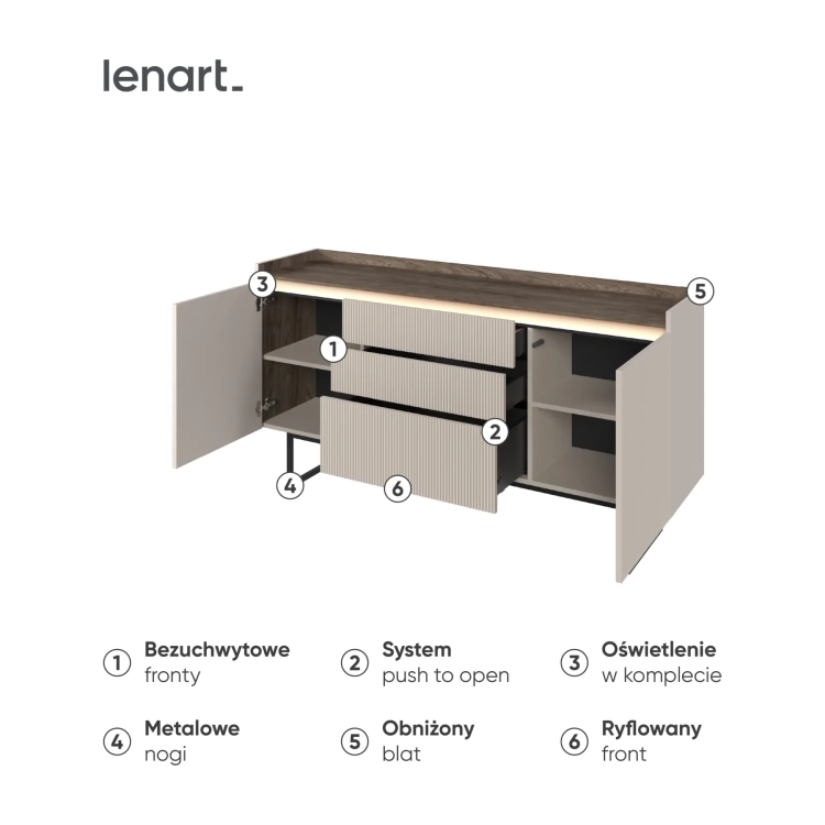 Komoda LAGO LG-03 166 cm 2D3S z LED – wnętrze i detale – Lenart