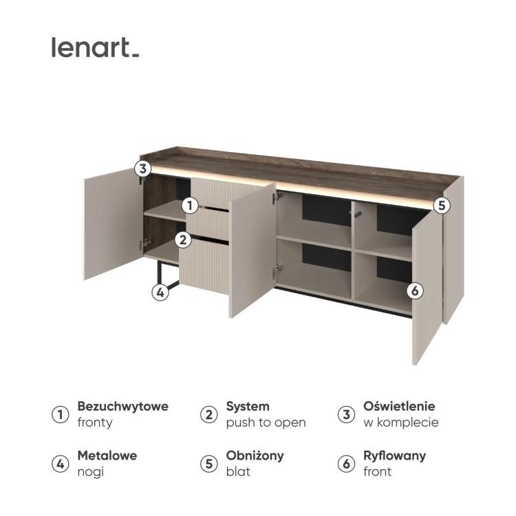 Komoda LAGO LG-04 192 cm 3D3S z LED – wnętrze i detale – Lenart