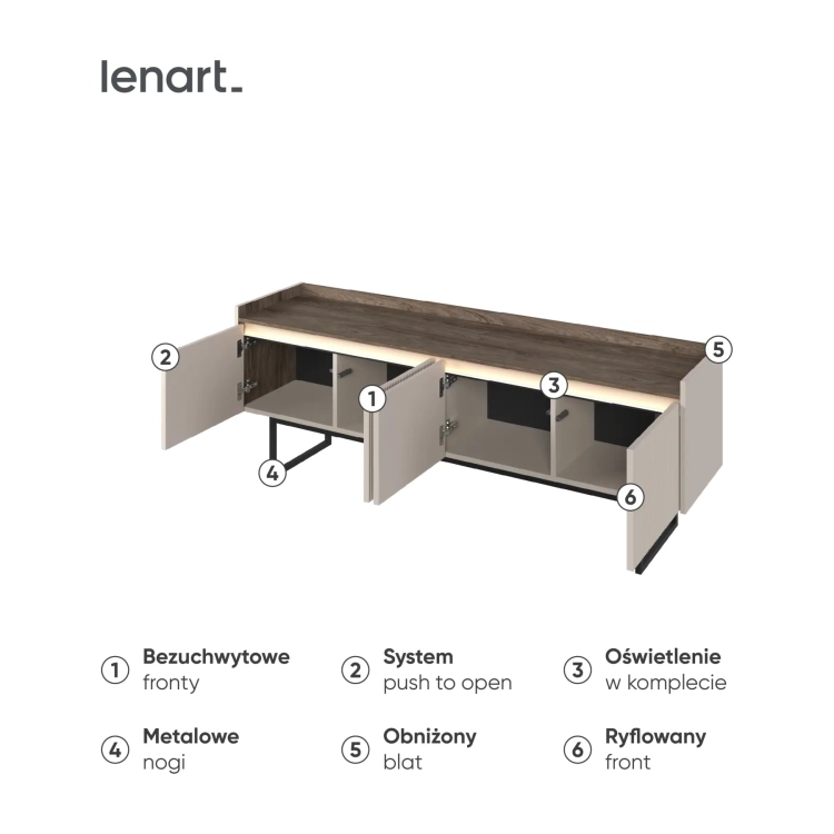 Szafka RTV LAGO LG-05 166 cm 4-drzwiowa z LED – wnętrze i detale – Lenart