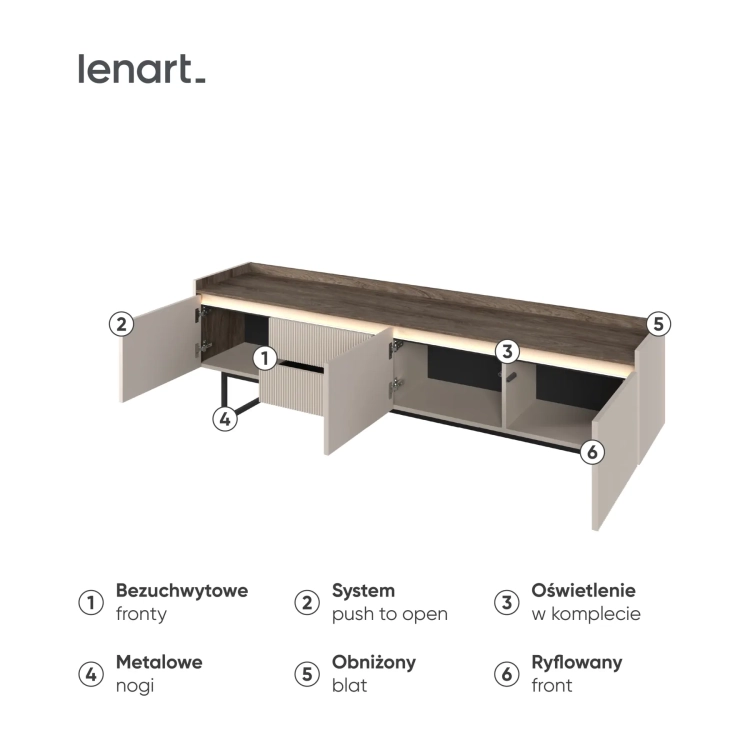Szafka RTV LAGO LG-06 192 cm 3D2S z LED – wnętrze i detale – Lenart