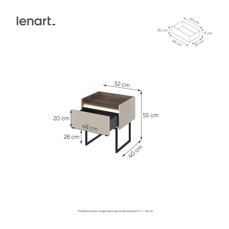 Szafka nocna LAGO LG-08 52 cm z szufladą i LED – wymiary – Lenart