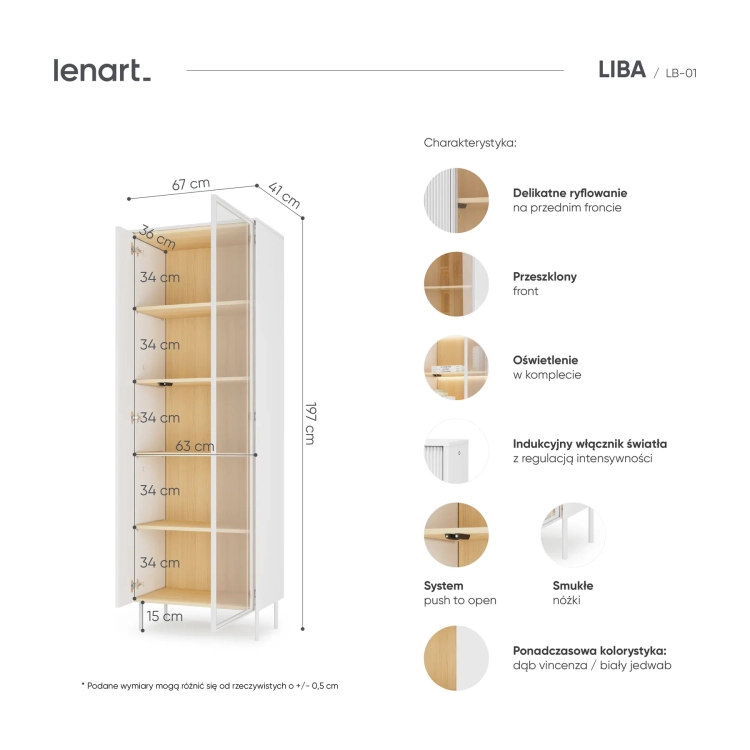 Witryna LIBA LB-01 67 cm 1D1W z LED – wnętrze i detale – Lenart