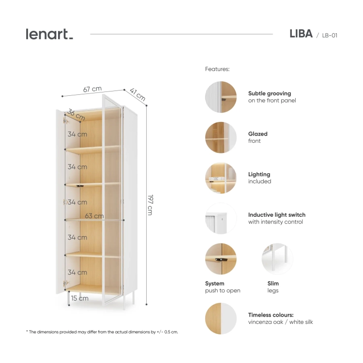 Witryna LIBA LB-01 67 cm 1D1W z LED – wymiary – Lenart