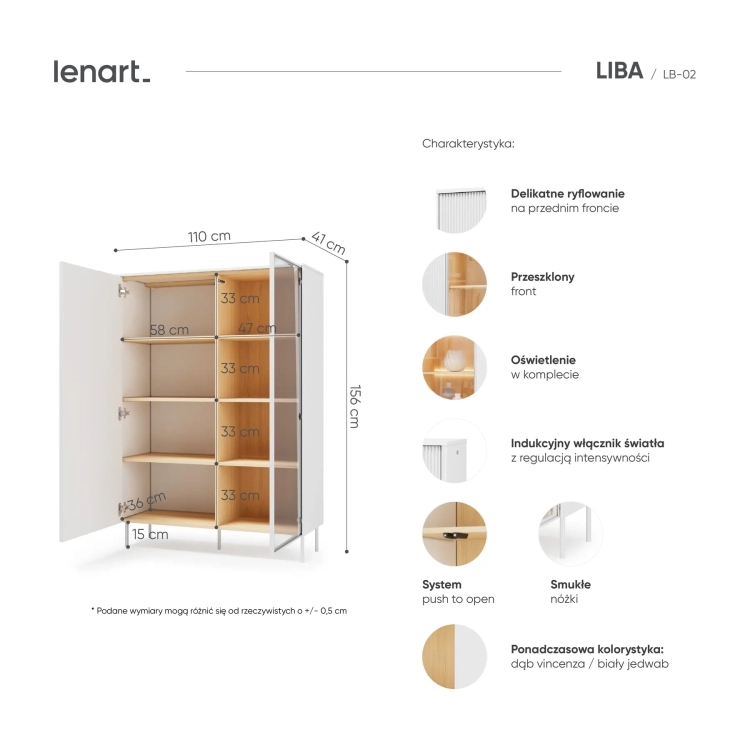 Witryna LIBA LB-02 110 cm 1D1W z LED – wnętrze i detale – Lenart