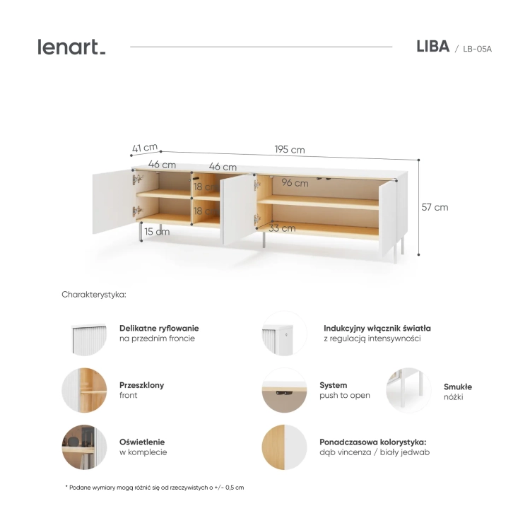 Szafka RTV stojąca LIBA LB-05A 195 cm z LED – wnętrze i detale – Lenart