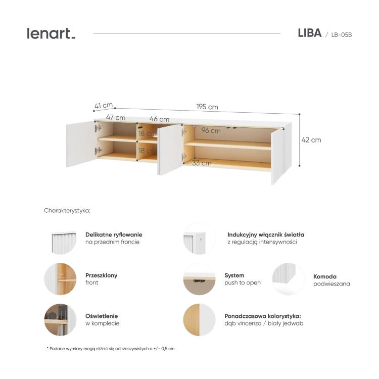 Szafka RTV wisząca LIBA LB-05B 195 cm z LED – wnętrze i detale – Lenart