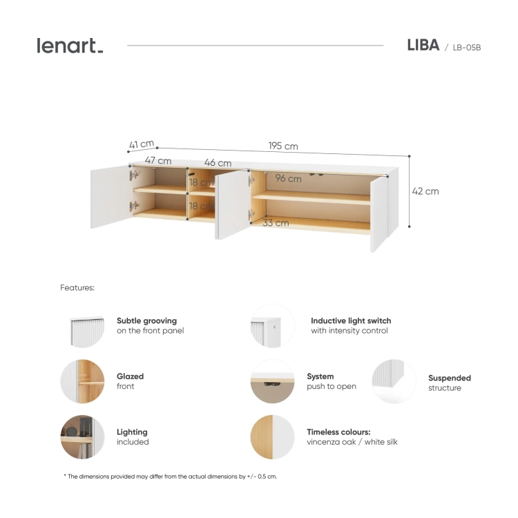 Szafka RTV wisząca LIBA LB-05B 195 cm z LED – wymiary – Lenart