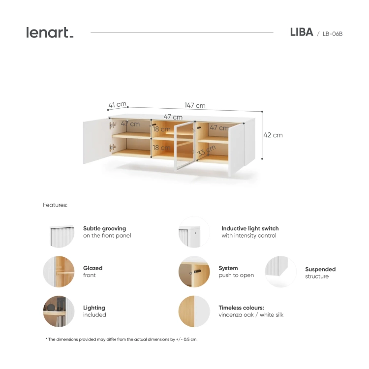 Szafka RTV wisząca LIBA LB-06B 147 cm z LED – wymiary – Lenart