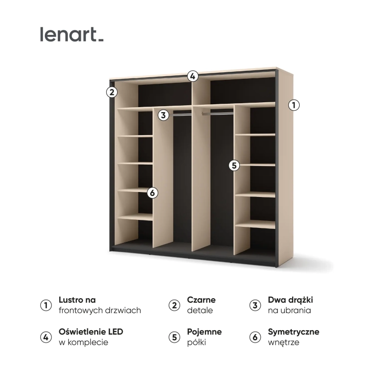 Szafa przesuwna ENNA EN-01 220 cm z lustrem i LED – wnętrze i detale – Lenart