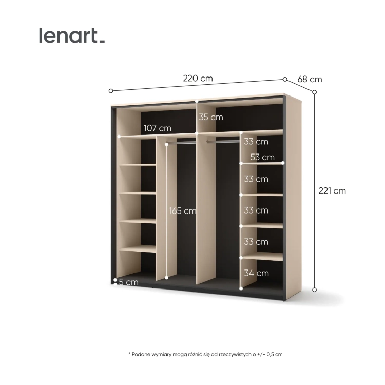 Szafa przesuwna ENNA EN-01 220 cm z lustrem i LED – wymiary – Lenart