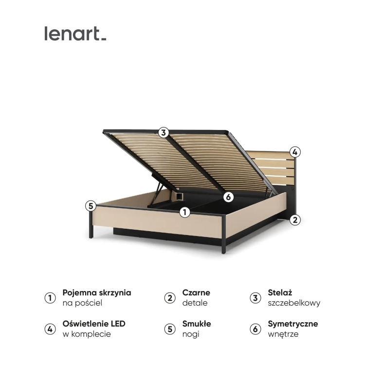 Łóżko ENNA EN-02 160 × 200 cm ze stelażem i LED – wnętrze i detale – Lenart
