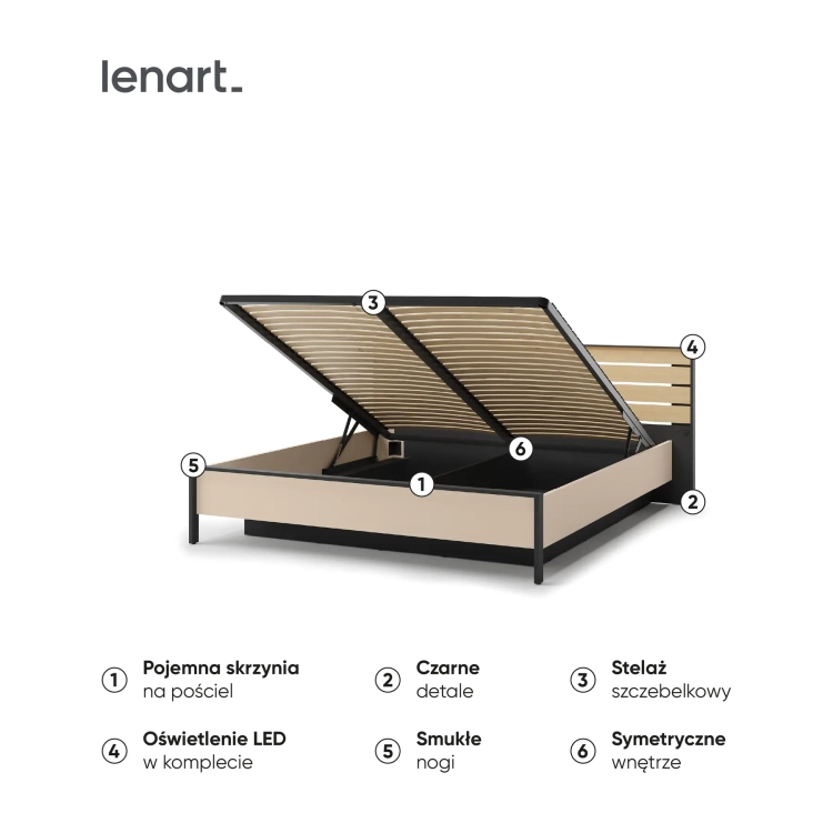 Łóżko ENNA EN-02 180 × 200 cm ze stelażem i LED – wnętrze i detale – Lenart