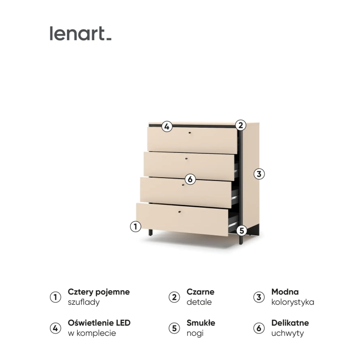 Komoda ENNA EN-03 101 cm z 4 szufladami i LED – wnętrze i detale – Lenart