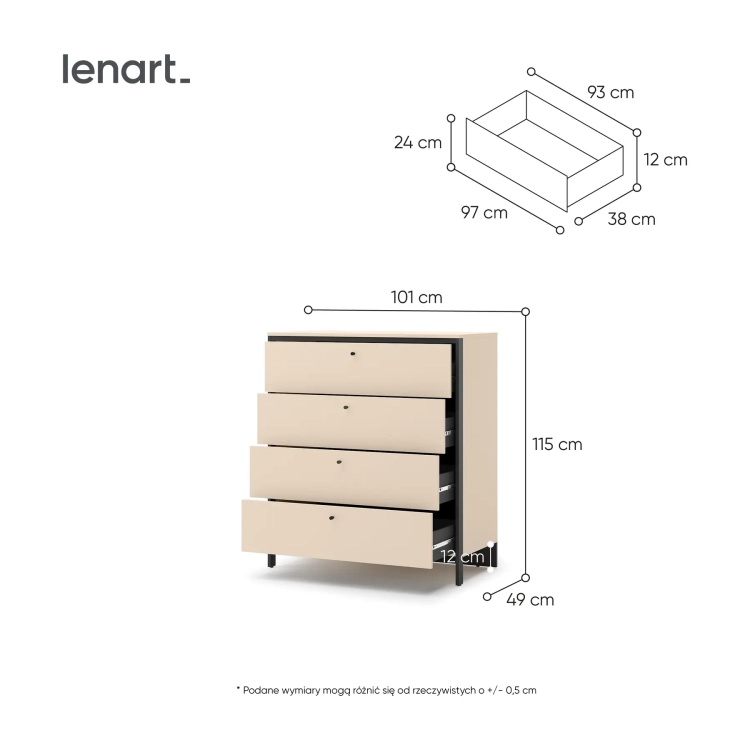 Komoda ENNA EN-03 101 cm z 4 szufladami i LED – wymiary – Lenart