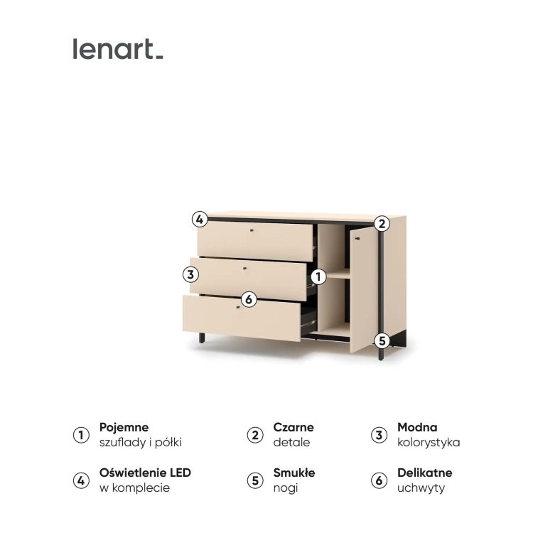 Komoda ENNA EN-04 136 cm 1D3S z LED – wnętrze i detale – Lenart